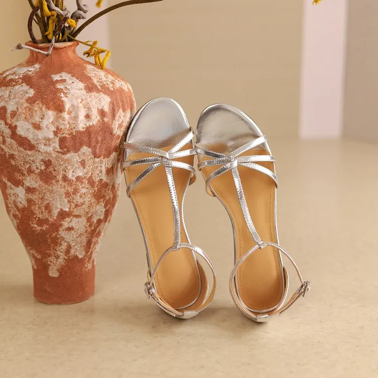 Summer French Roman style silver T-strap peep-toe flat vacation style women's shoes 5-10m