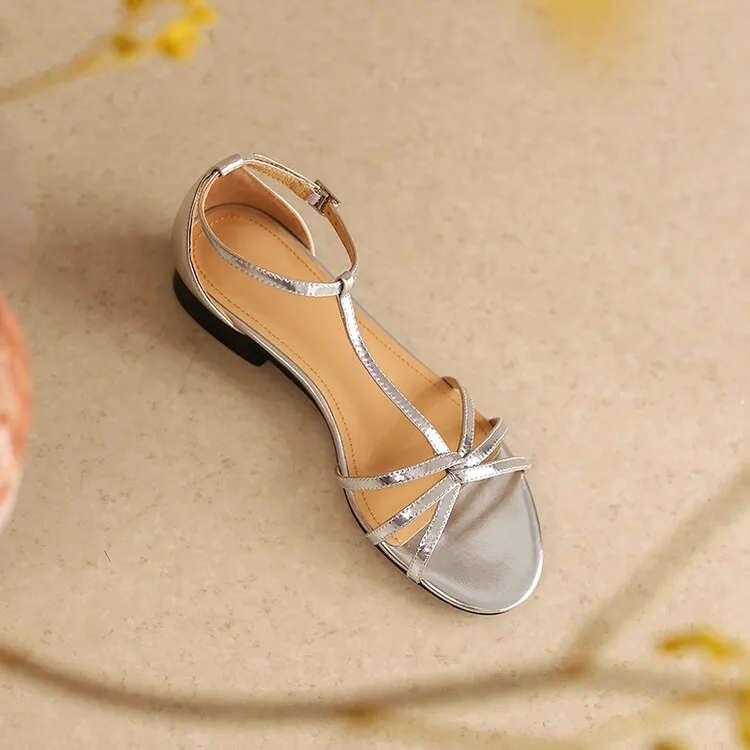 Summer French Roman style silver T-strap peep-toe flat vacation style women's shoes 5-10m