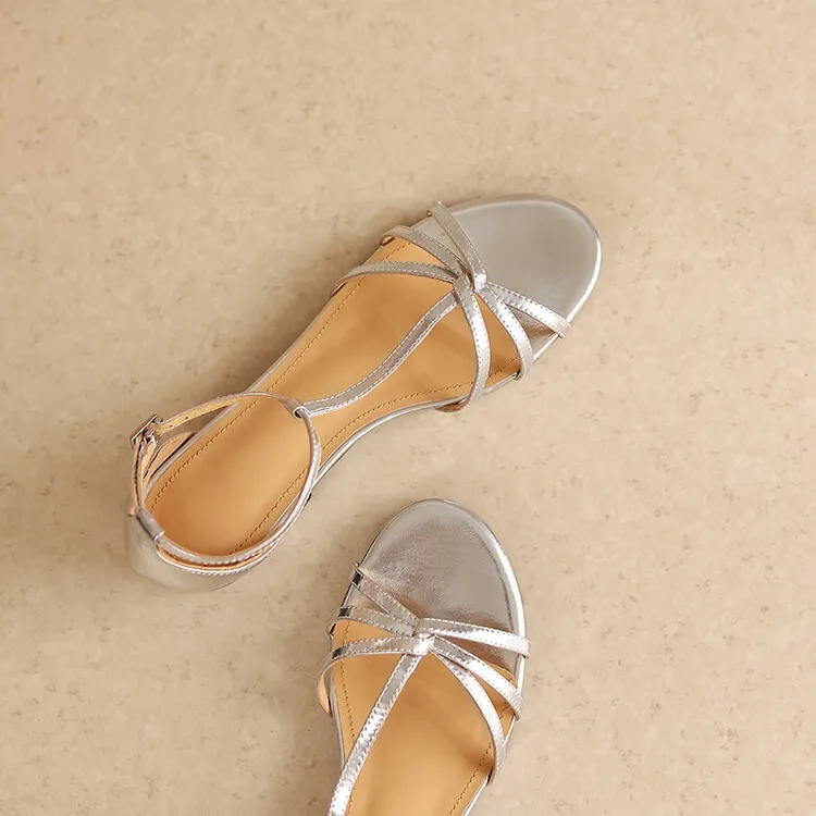 Summer French Roman style silver T-strap peep-toe flat vacation style women's shoes 5-10m