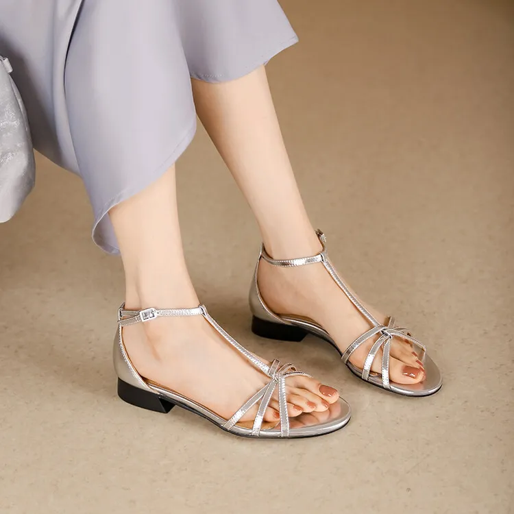 Summer French Roman style silver T-strap peep-toe flat vacation style women's shoes 5-10m