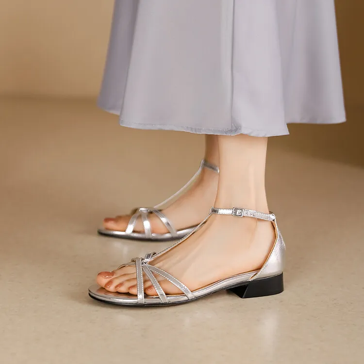 Summer French Roman style silver T-strap peep-toe flat vacation style women's shoes 5-10m