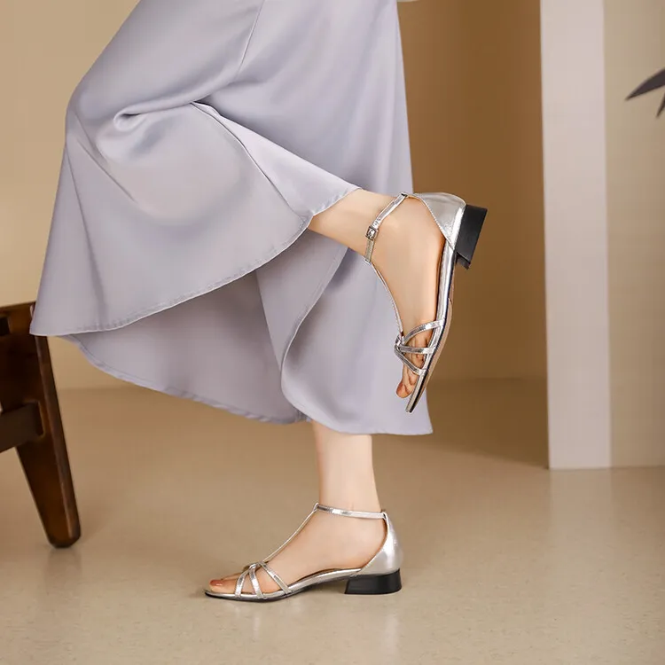 Summer French Roman style silver T-strap peep-toe flat vacation style women's shoes 5-10m