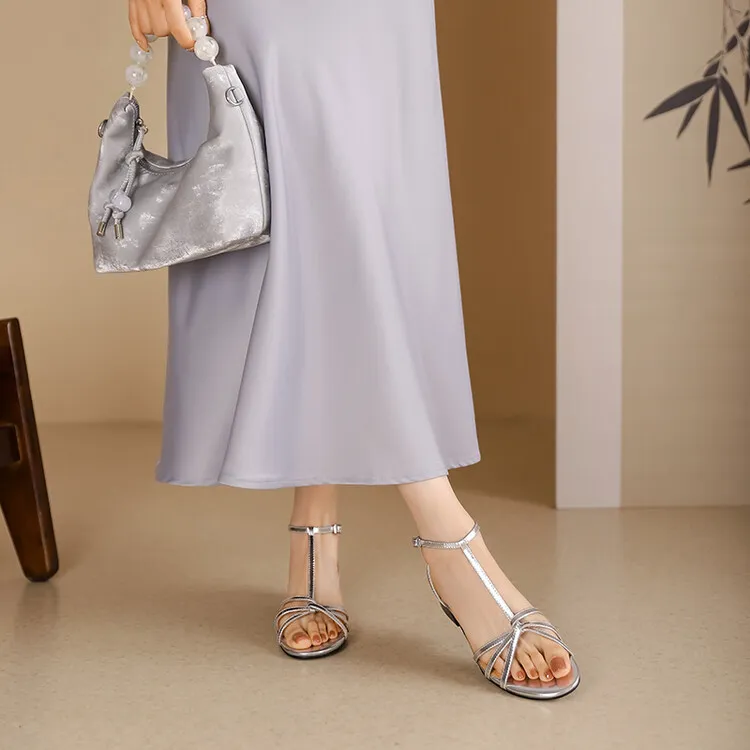 Summer French Roman style silver T-strap peep-toe flat vacation style women's shoes 5-10m