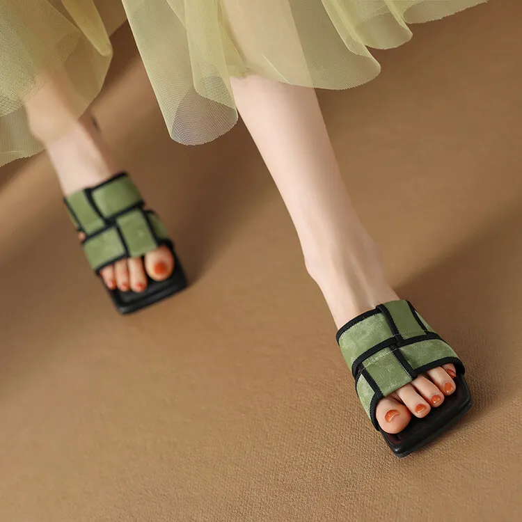 Women's plaid woven open-toe sandals, summer outdoor wear, flat sandals, size 5-10