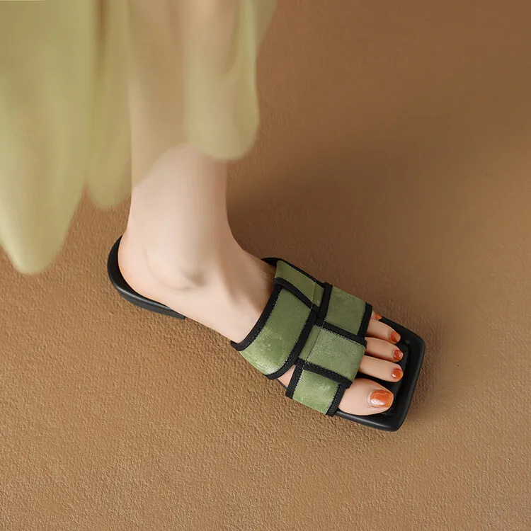 Women's plaid woven open-toe sandals, summer outdoor wear, flat sandals, size 5-10