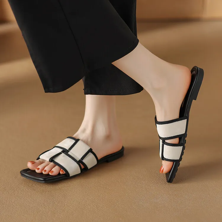 Women's plaid woven open-toe sandals, summer outdoor wear, flat sandals, size 5-10