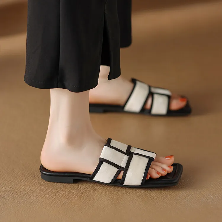 Women's plaid woven open-toe sandals, summer outdoor wear, flat sandals, size 5-10
