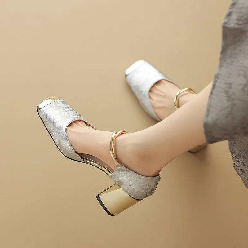 Summer Chinese style silk cowhide women's sandals, square toe, high heel, one-strap fashion sandals