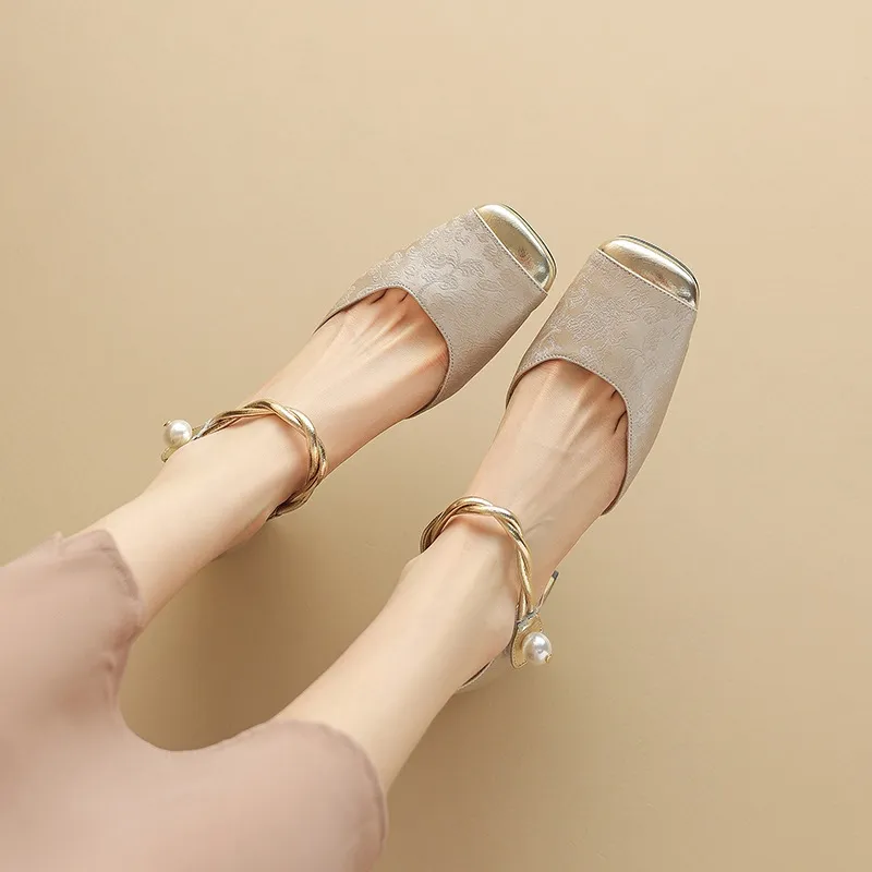 Summer Chinese style silk cowhide women's sandals, square toe, high heel, one-strap fashion sandals