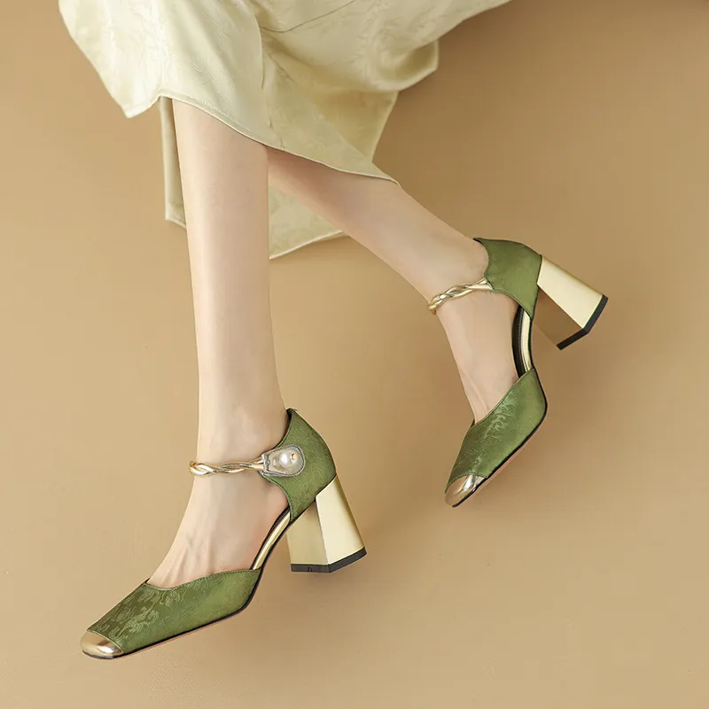 Summer Chinese style silk cowhide women's sandals, square toe, high heel, one-strap fashion sandals