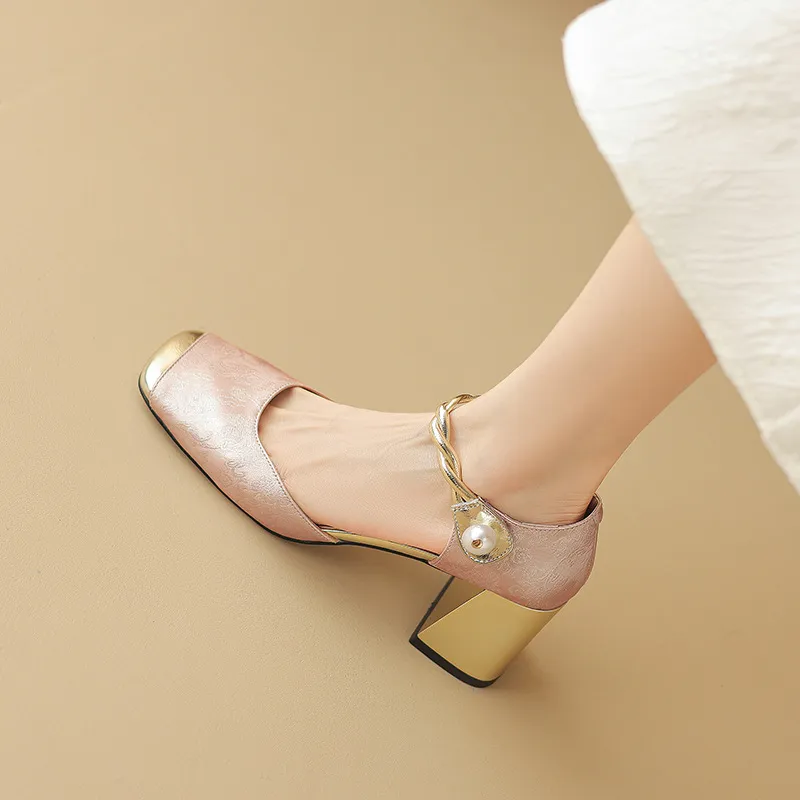Summer Chinese style silk cowhide women's sandals, square toe, high heel, one-strap fashion sandals