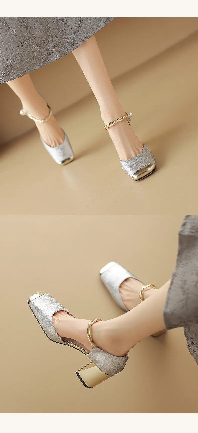 Summer Chinese style silk cowhide women's sandals, square toe, high heel, one-strap fashion sandals