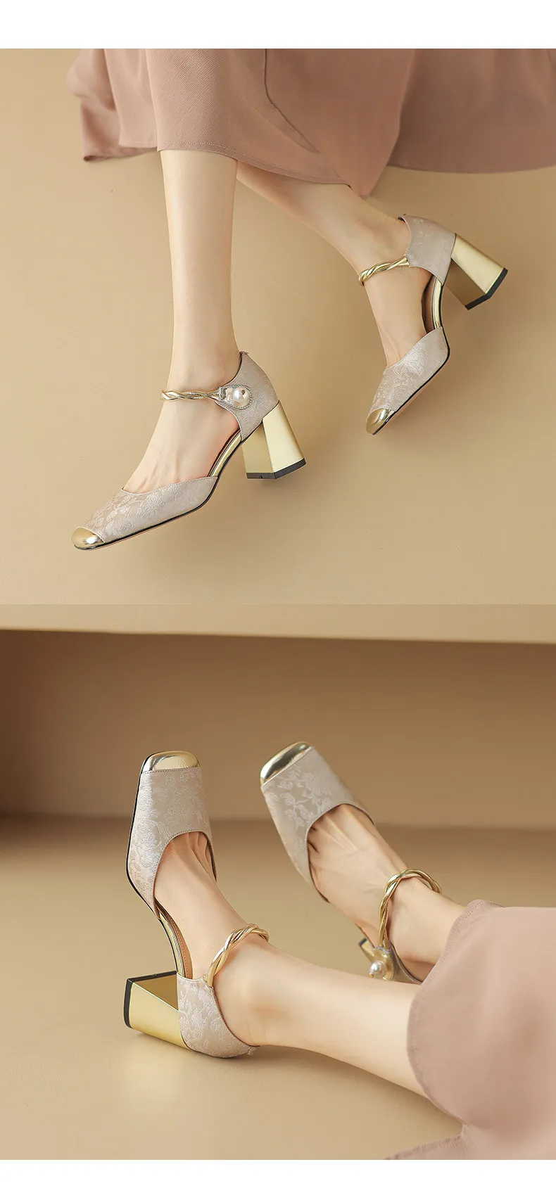 Summer Chinese style silk cowhide women's sandals, square toe, high heel, one-strap fashion sandals