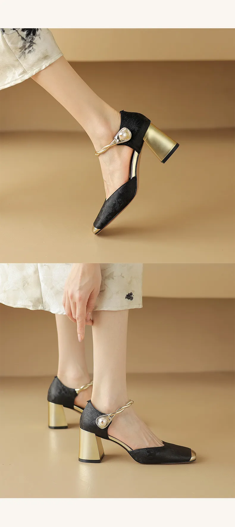Summer Chinese style silk cowhide women's sandals, square toe, high heel, one-strap fashion sandals