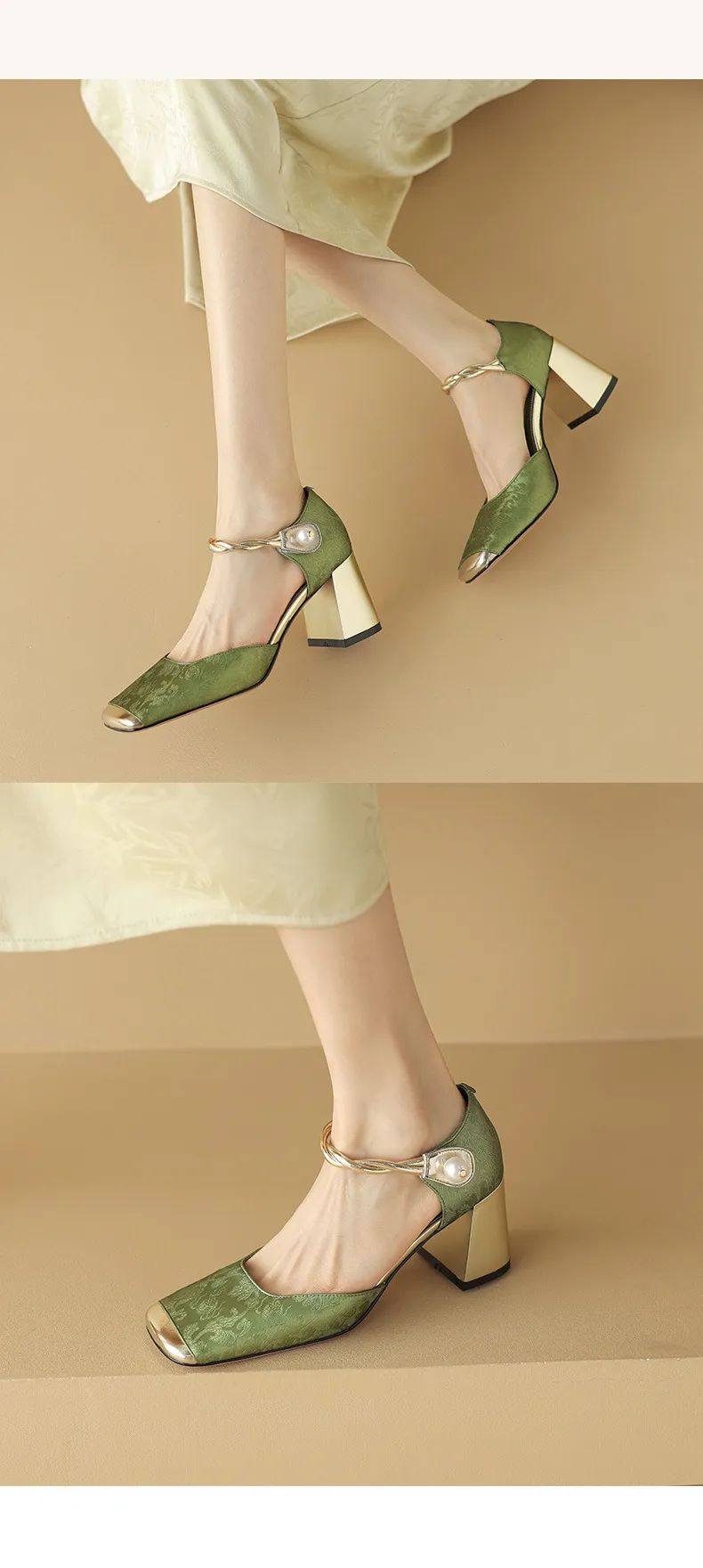 Summer Chinese style silk cowhide women's sandals, square toe, high heel, one-strap fashion sandals