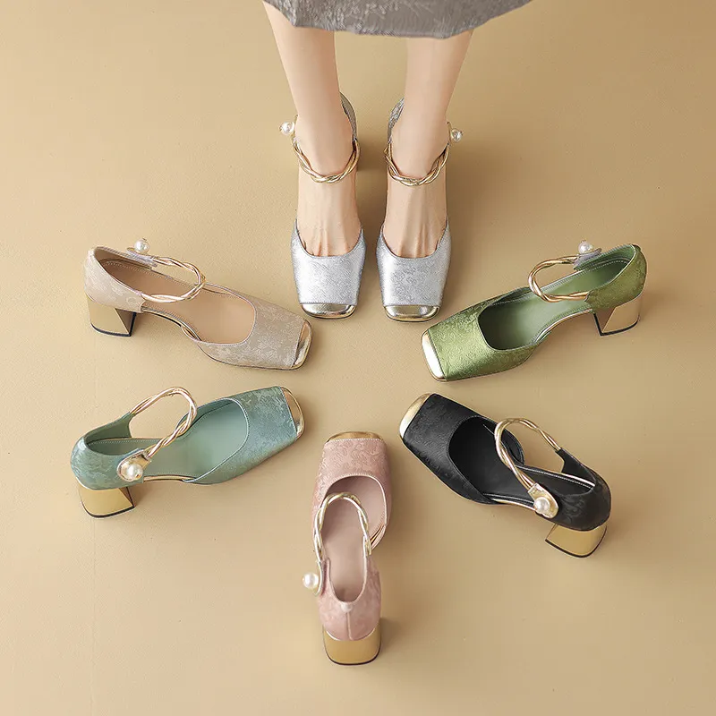 Summer Chinese style silk cowhide women's sandals, square toe, high heel, one-strap fashion sandals