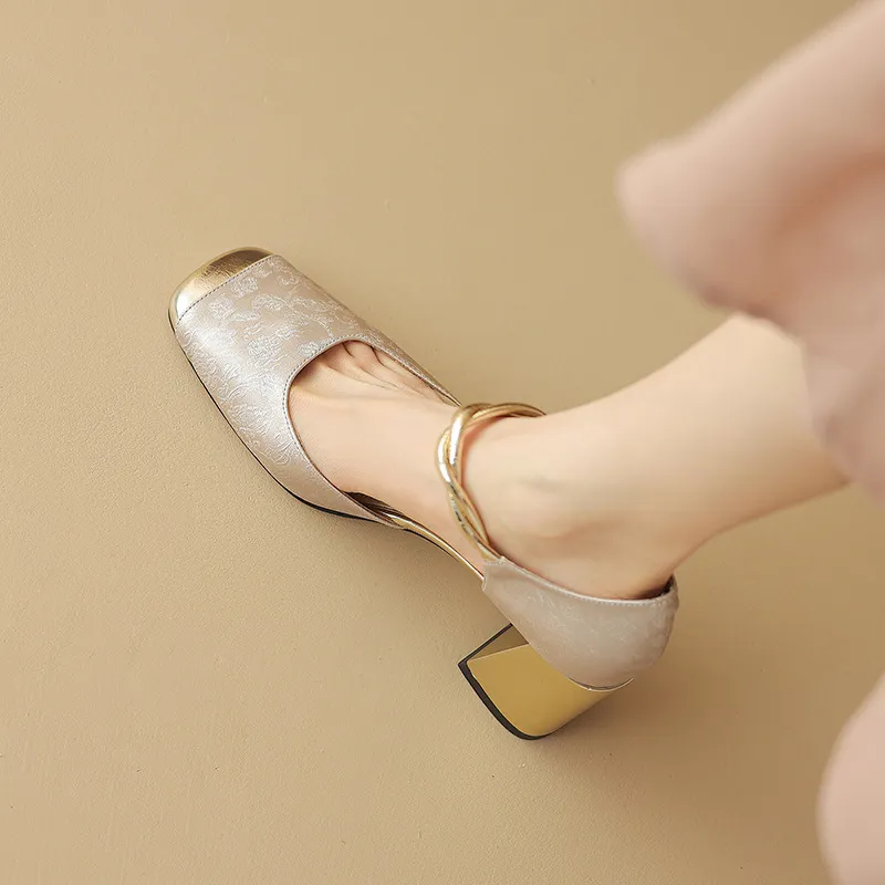 Summer Chinese style silk cowhide women's sandals, square toe, high heel, one-strap fashion sandals