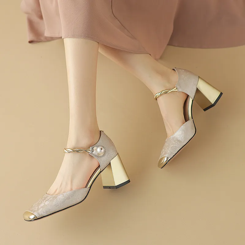 Summer Chinese style silk cowhide women's sandals, square toe, high heel, one-strap fashion sandals