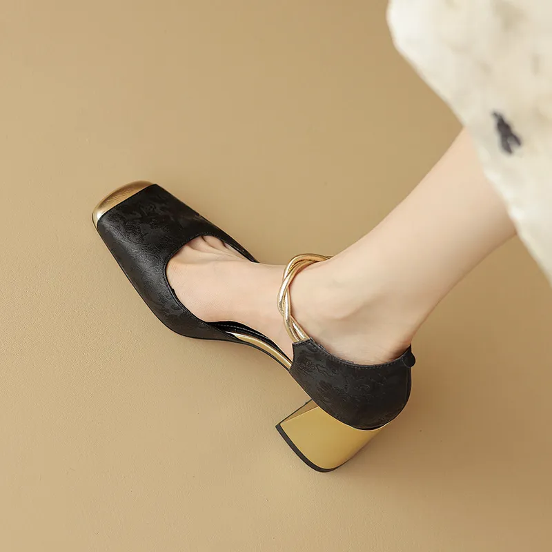 Summer Chinese style silk cowhide women's sandals, square toe, high heel, one-strap fashion sandals