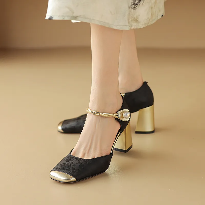 Summer Chinese style silk cowhide women's sandals, square toe, high heel, one-strap fashion sandals