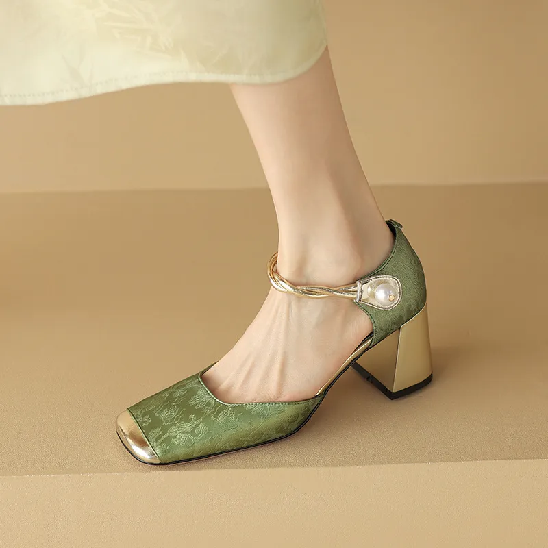 Summer Chinese style silk cowhide women's sandals, square toe, high heel, one-strap fashion sandals
