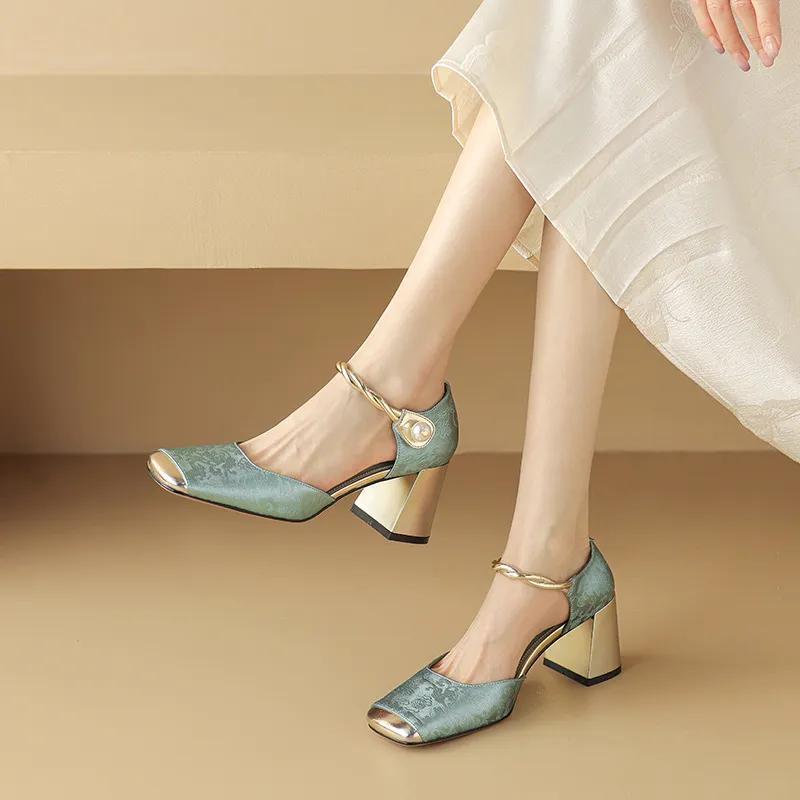 Summer Chinese style silk cowhide women's sandals, square toe, high heel, one-strap fashion sandals