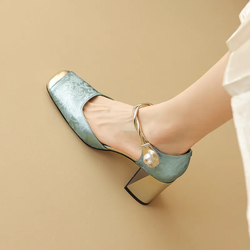 Summer Chinese style silk cowhide women's sandals, square toe, high heel, one-strap fashion sandals