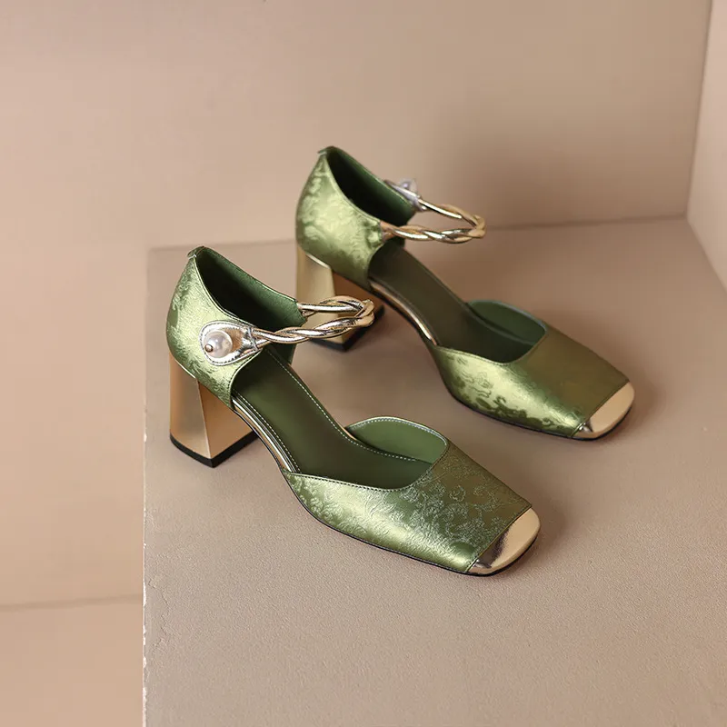 Summer Chinese style silk cowhide women's sandals, square toe, high heel, one-strap fashion sandals