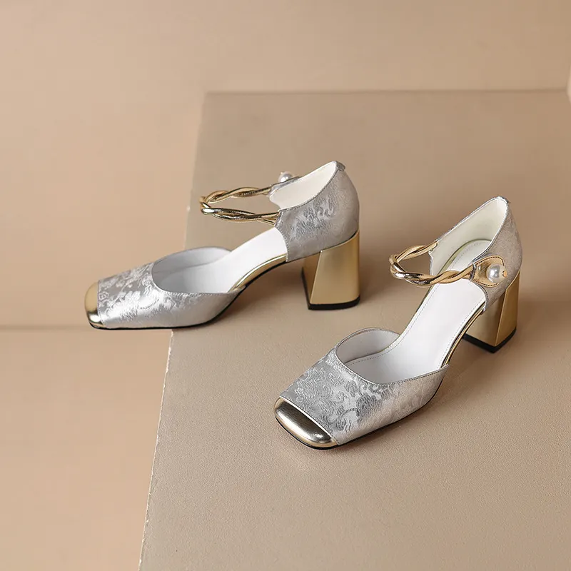 Summer Chinese style silk cowhide women's sandals, square toe, high heel, one-strap fashion sandals