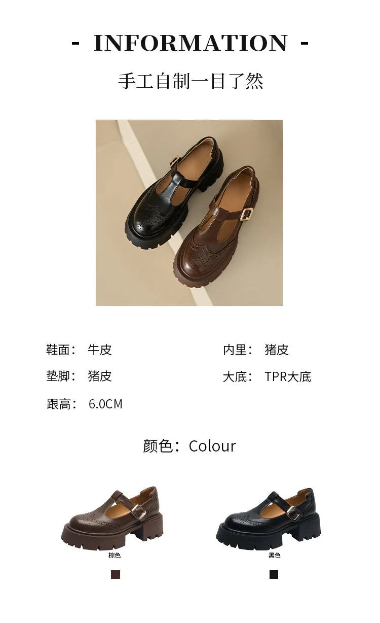 Spring Fashion Round Toe Platform Mary Jane Shoes for Women, Retro Carved T-Strap Chunky Heel Loafers