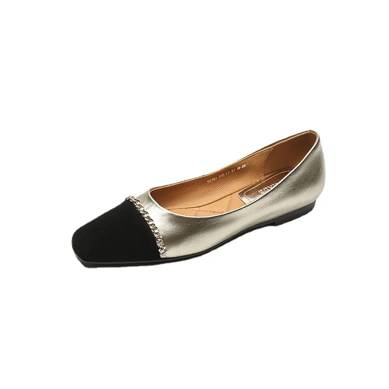 High-volume selling style, elegant flat women's shoes for spring and autumn, soft-soled, stylish, chain-link, color-blocked, Chanel-style single shoes.