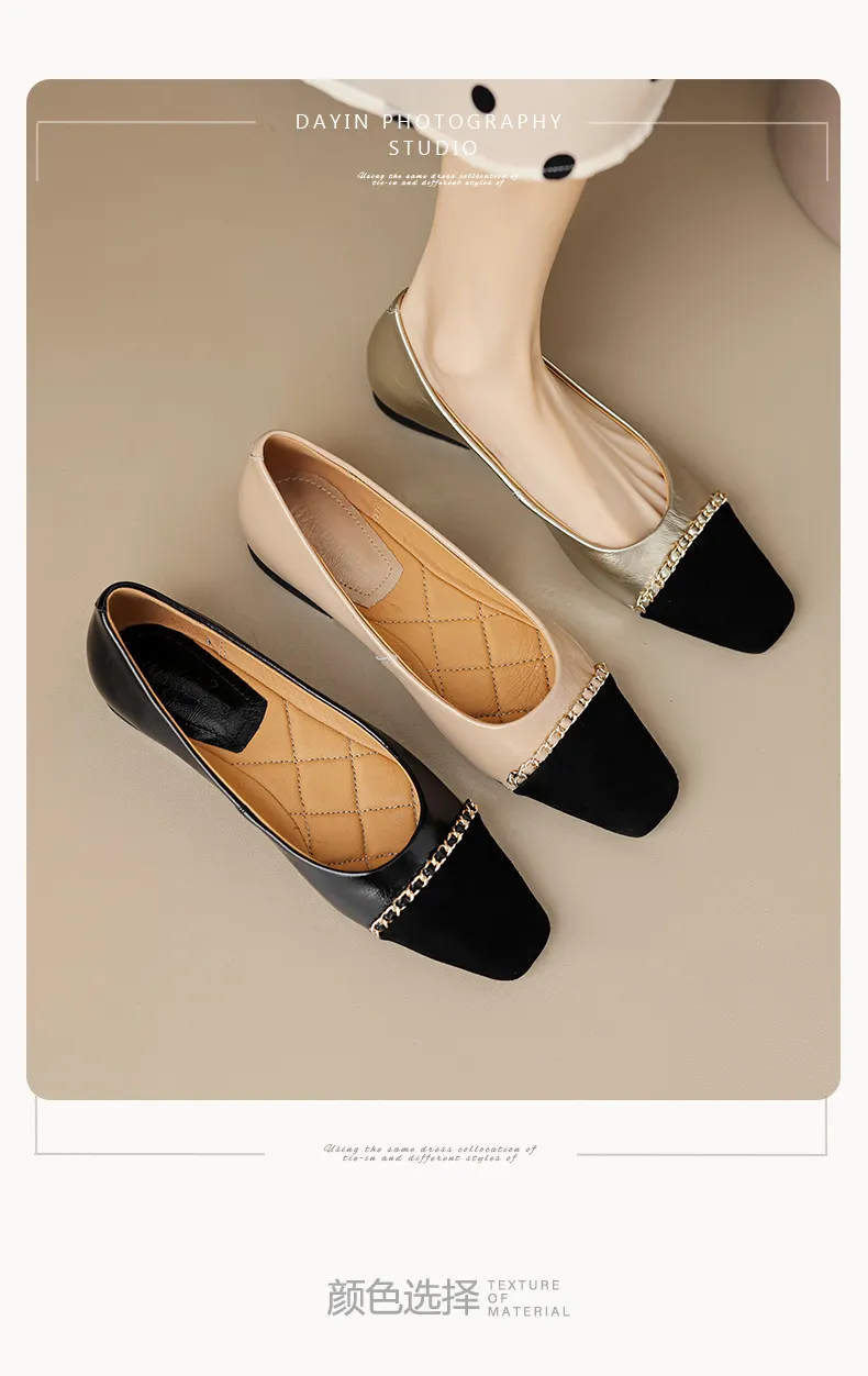 High-volume selling style, elegant flat women's shoes for spring and autumn, soft-soled, stylish, chain-link, color-blocked, Chanel-style single shoes.