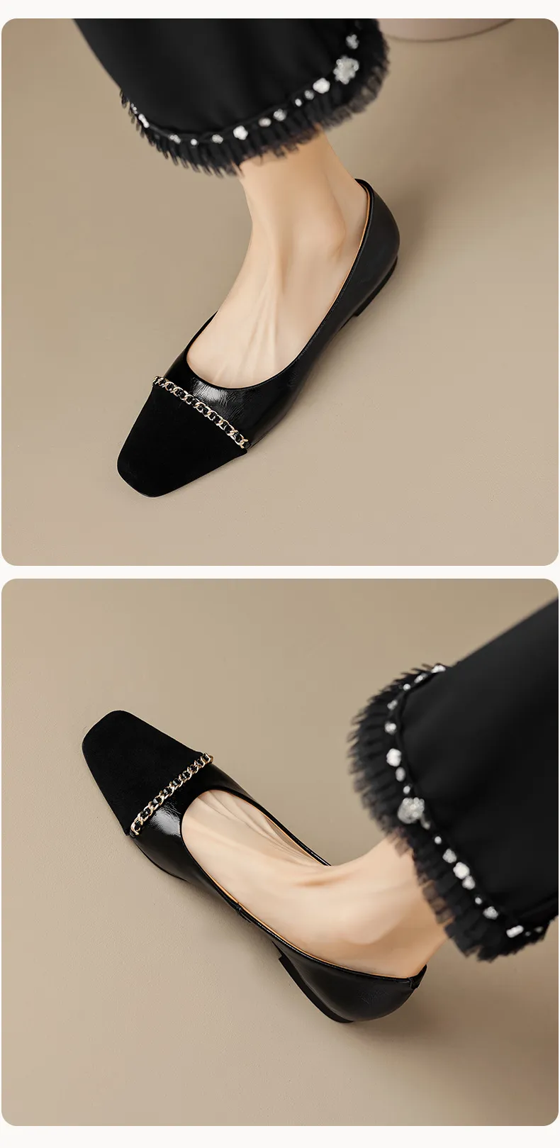 High-volume selling style, elegant flat women's shoes for spring and autumn, soft-soled, stylish, chain-link, color-blocked, Chanel-style single shoes.