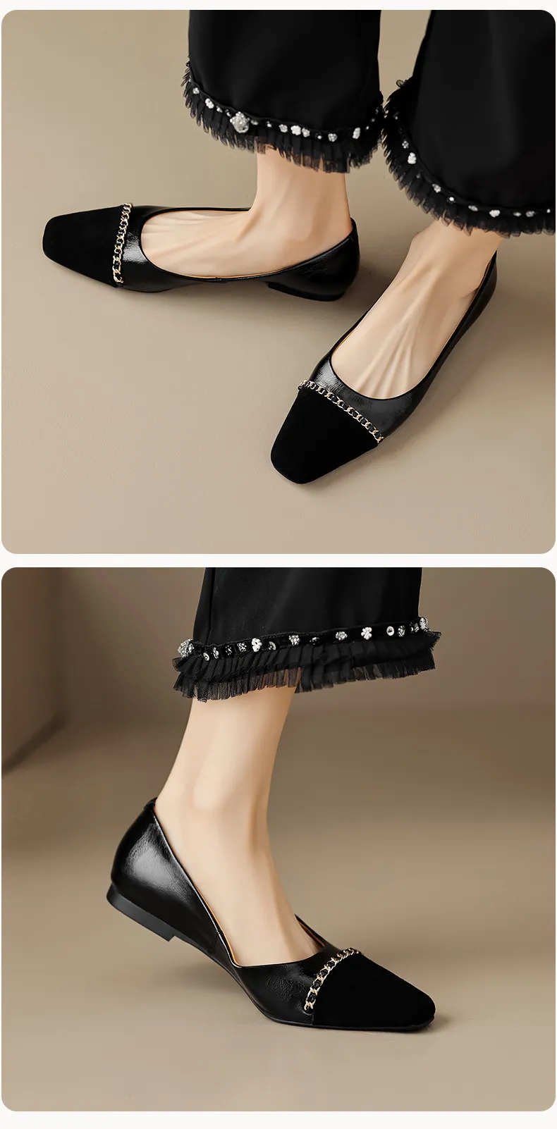 High-volume selling style, elegant flat women's shoes for spring and autumn, soft-soled, stylish, chain-link, color-blocked, Chanel-style single shoes.
