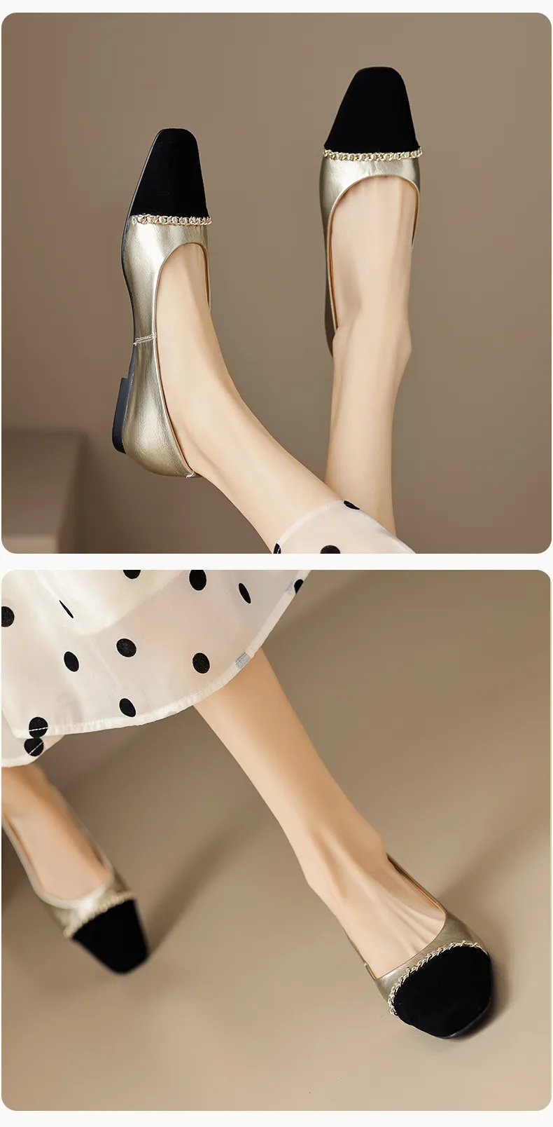 High-volume selling style, elegant flat women's shoes for spring and autumn, soft-soled, stylish, chain-link, color-blocked, Chanel-style single shoes.