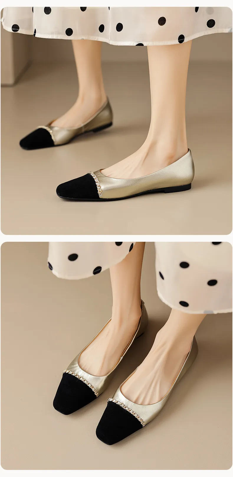 High-volume selling style, elegant flat women's shoes for spring and autumn, soft-soled, stylish, chain-link, color-blocked, Chanel-style single shoes.