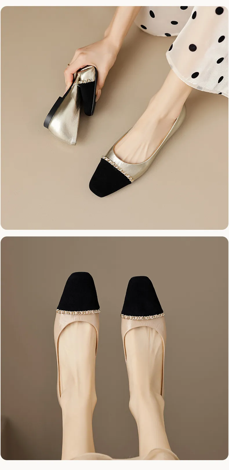 High-volume selling style, elegant flat women's shoes for spring and autumn, soft-soled, stylish, chain-link, color-blocked, Chanel-style single shoes.