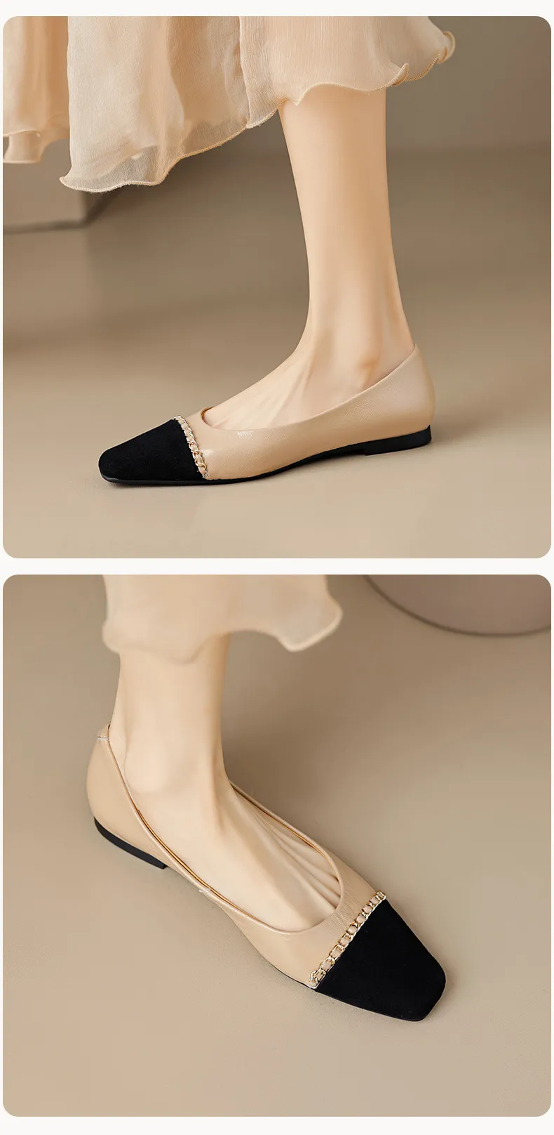 High-volume selling style, elegant flat women's shoes for spring and autumn, soft-soled, stylish, chain-link, color-blocked, Chanel-style single shoes.