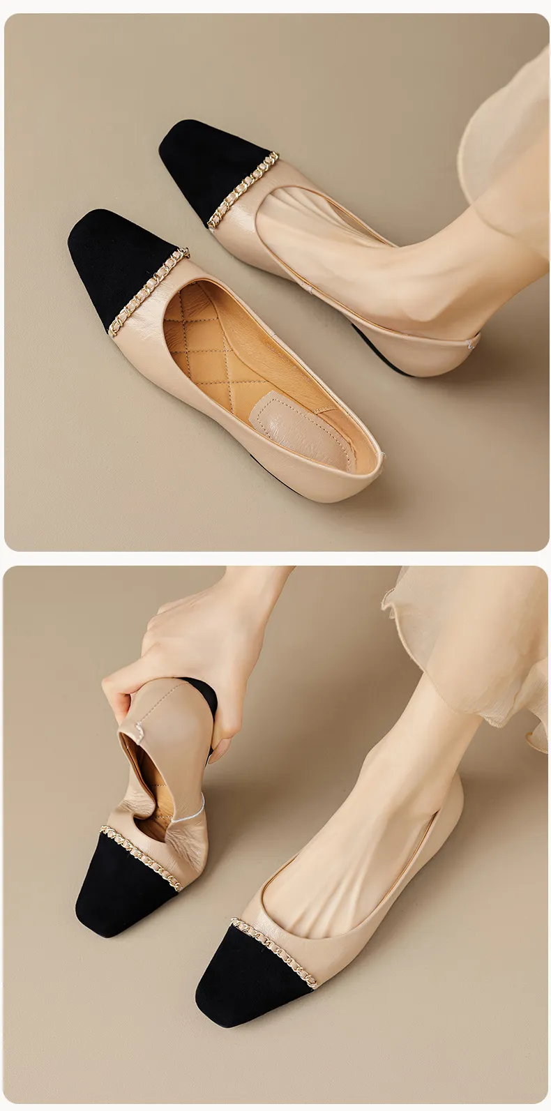 High-volume selling style, elegant flat women's shoes for spring and autumn, soft-soled, stylish, chain-link, color-blocked, Chanel-style single shoes.