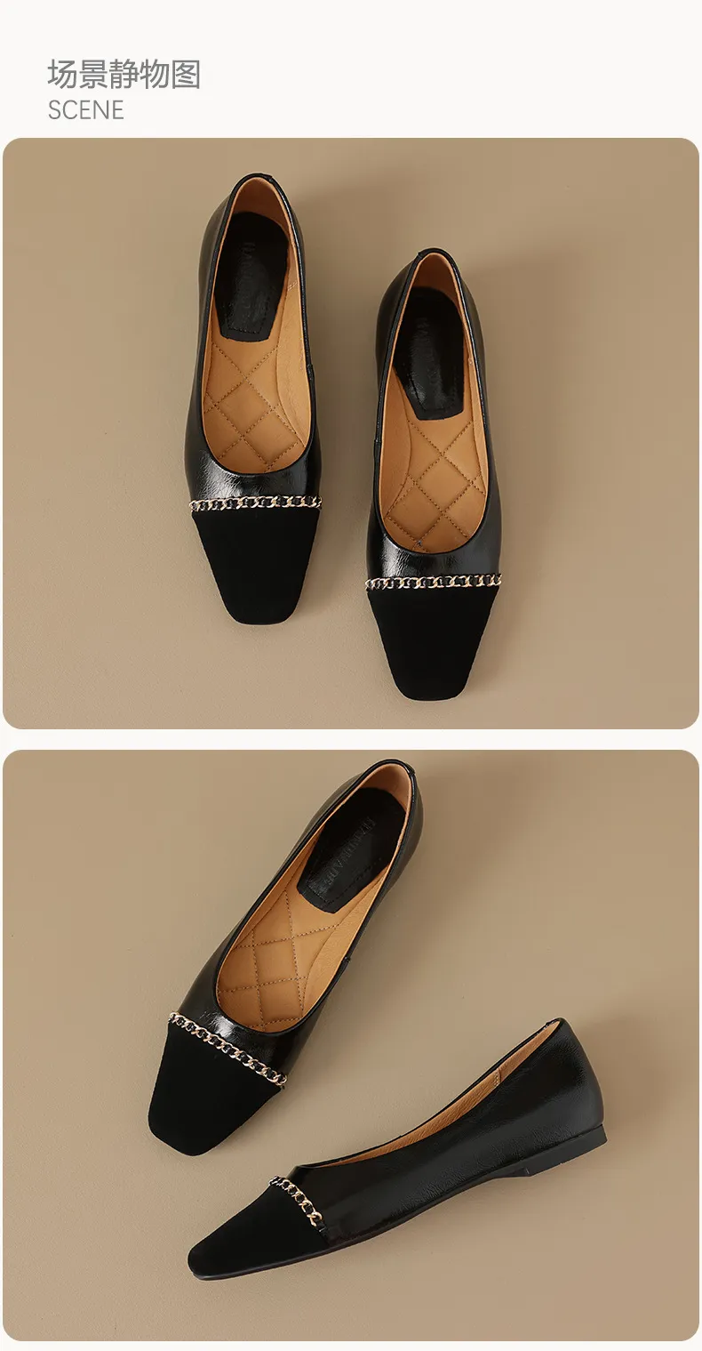 High-volume selling style, elegant flat women's shoes for spring and autumn, soft-soled, stylish, chain-link, color-blocked, Chanel-style single shoes.