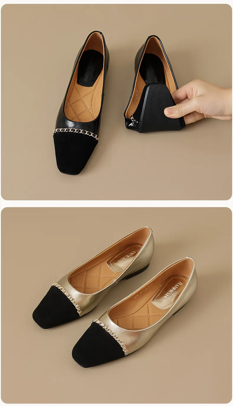 High-volume selling style, elegant flat women's shoes for spring and autumn, soft-soled, stylish, chain-link, color-blocked, Chanel-style single shoes.