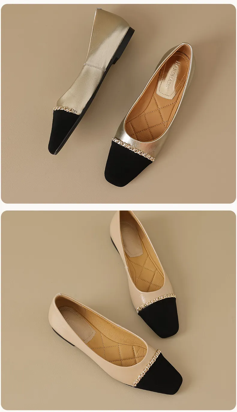 High-volume selling style, elegant flat women's shoes for spring and autumn, soft-soled, stylish, chain-link, color-blocked, Chanel-style single shoes.