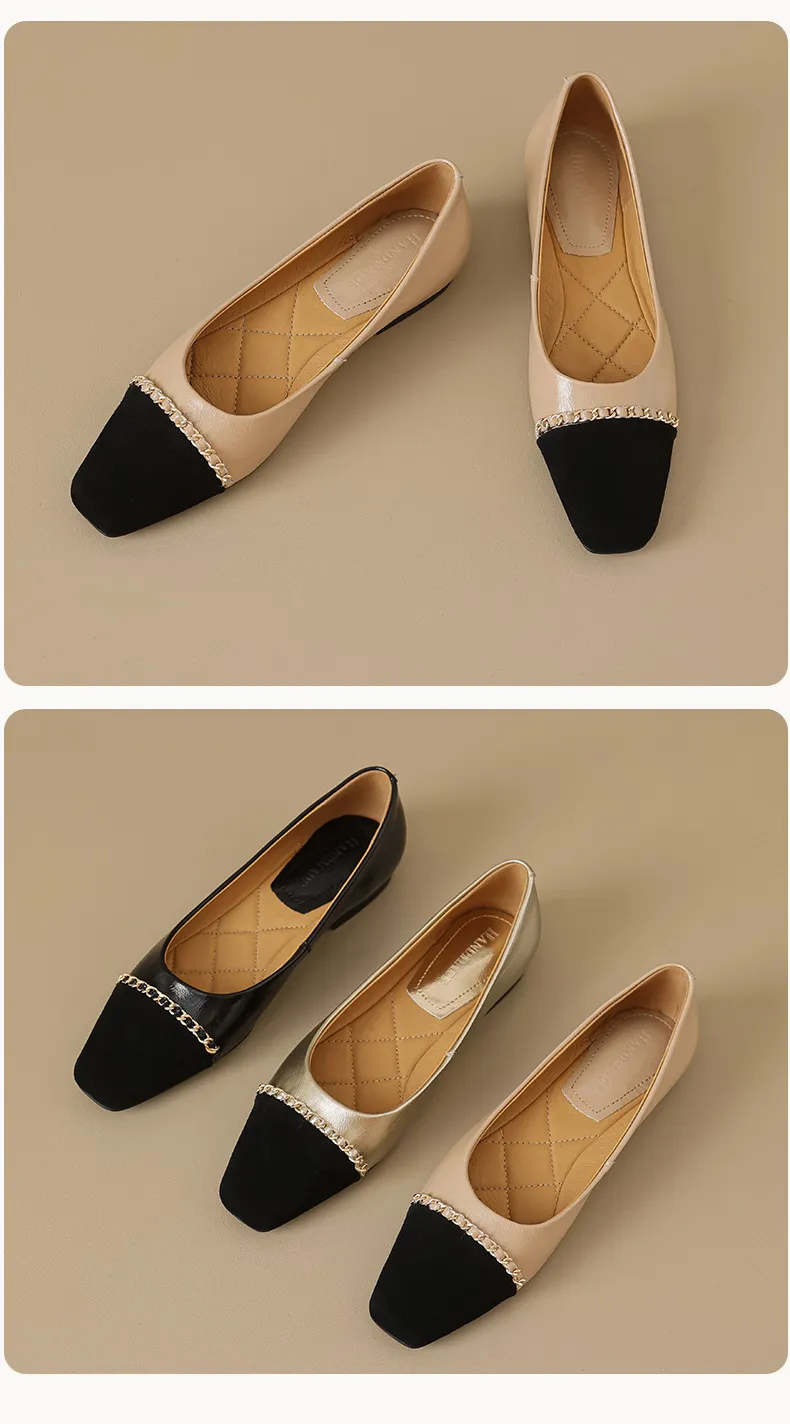 High-volume selling style, elegant flat women's shoes for spring and autumn, soft-soled, stylish, chain-link, color-blocked, Chanel-style single shoes.