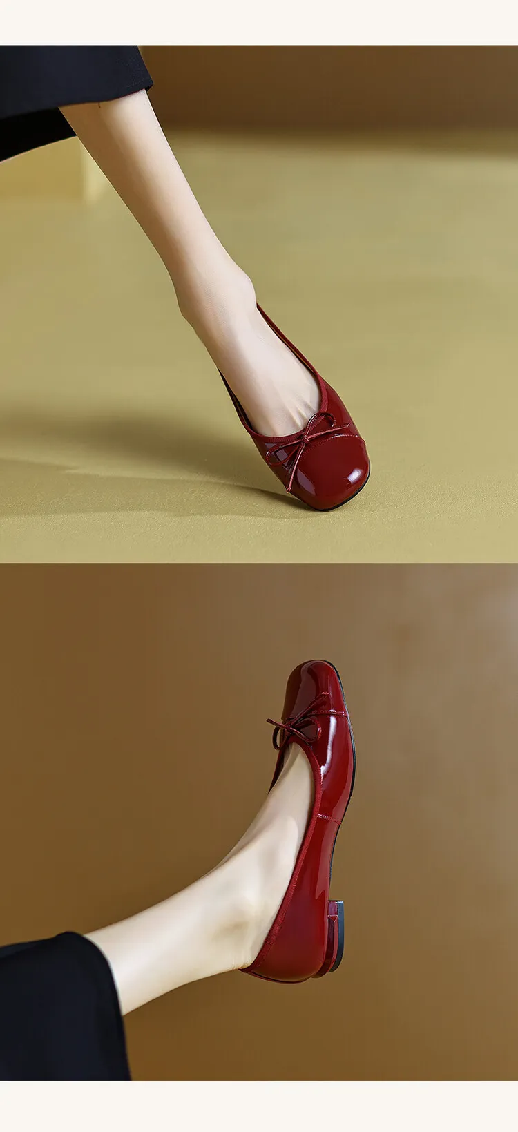 Spring and Autumn Square Toe Low Mouth Solid Color Bow Single Shoes 33-42 Plus Size Red Patent Leather Granny Shoes