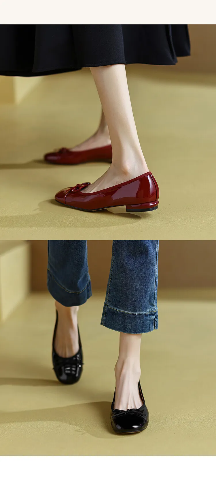 Spring and Autumn Square Toe Low Mouth Solid Color Bow Single Shoes 33-42 Plus Size Red Patent Leather Granny Shoes