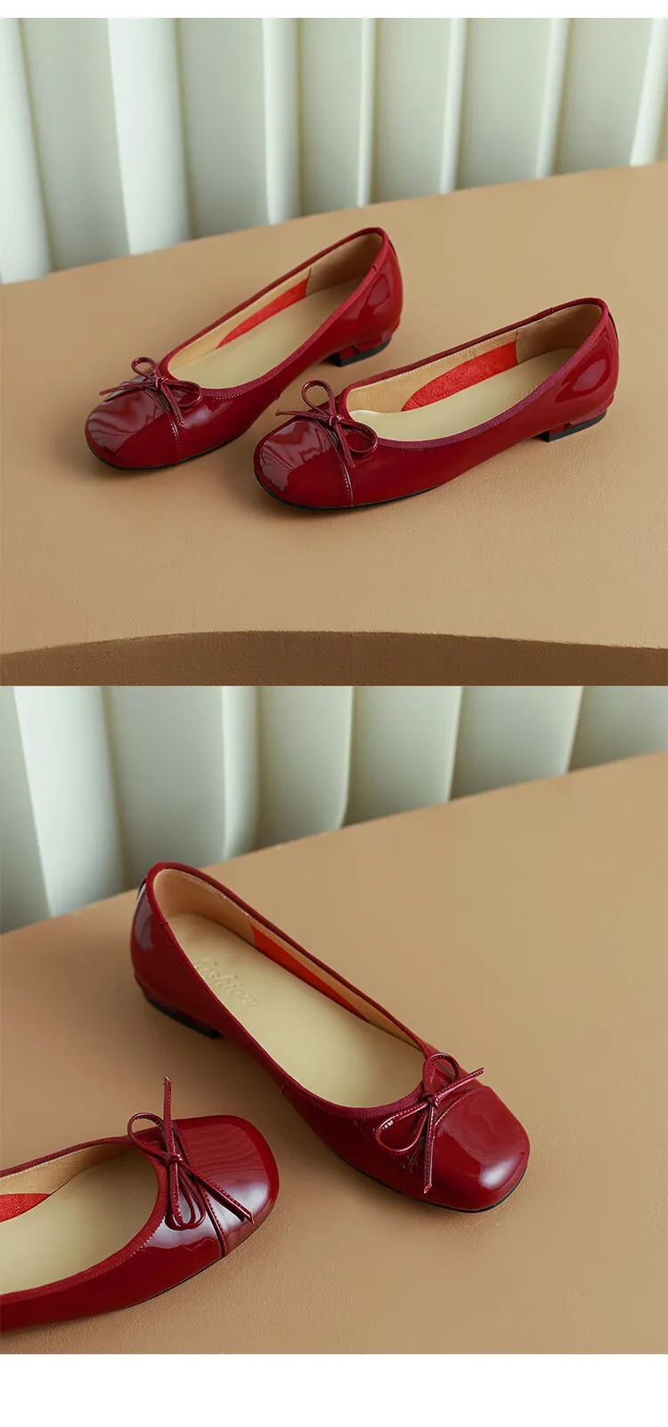 Spring and Autumn Square Toe Low Mouth Solid Color Bow Single Shoes 33-42 Plus Size Red Patent Leather Granny Shoes