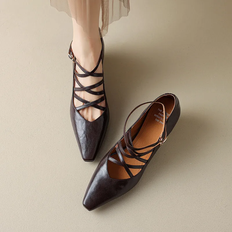 Autumn square-toe cross strap buckle single shoes, French retro hand-scratched sheepskin Mary Jane kitten heel women's shoes