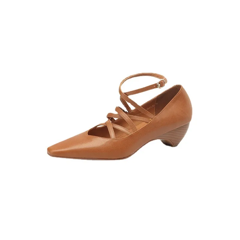 Autumn square-toe cross strap buckle single shoes, French retro hand-scratched sheepskin Mary Jane kitten heel women's shoes