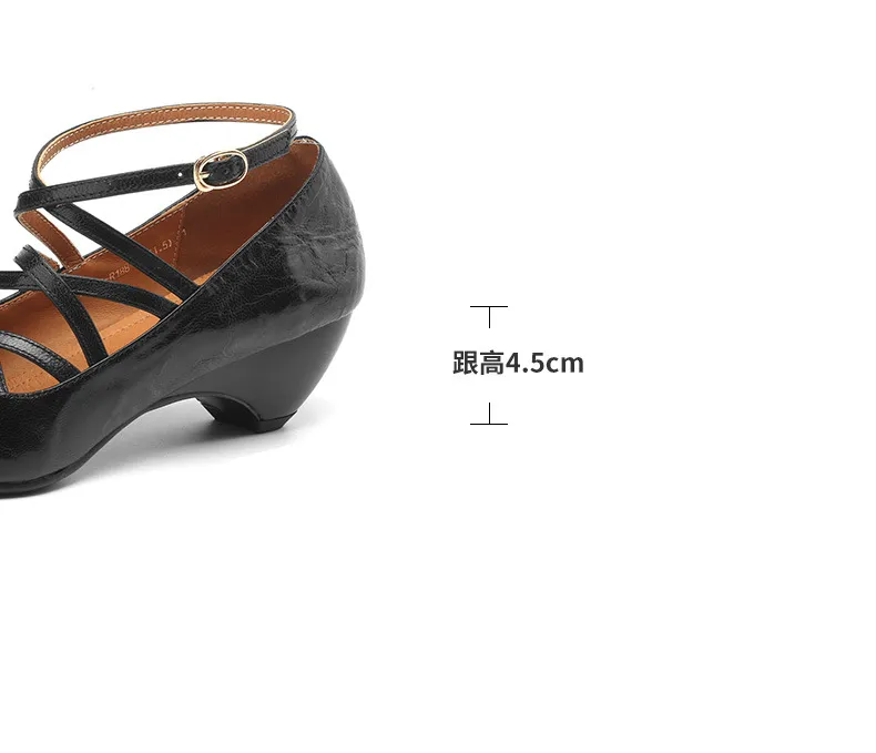 Autumn square-toe cross strap buckle single shoes, French retro hand-scratched sheepskin Mary Jane kitten heel women's shoes