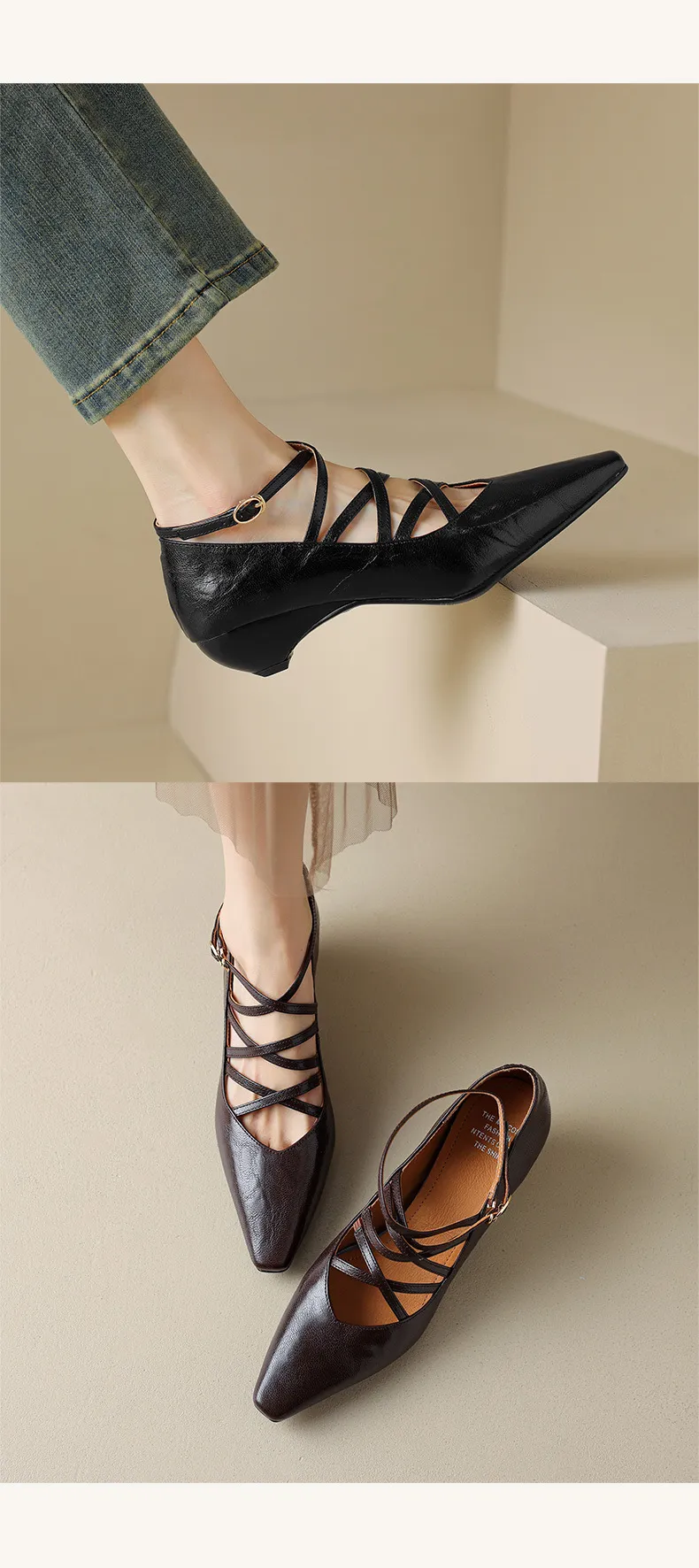 Autumn square-toe cross strap buckle single shoes, French retro hand-scratched sheepskin Mary Jane kitten heel women's shoes